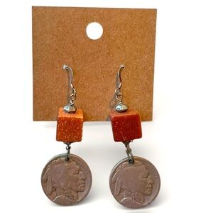 1930’s Buffalo / Native American Nickel & Sunstone Dangle Earrings